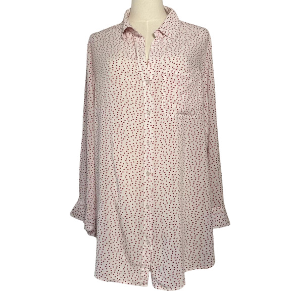 Heart print Button Collared Shirt Women's Size XL White Red Long Sleeve - Picture 2 of 14
